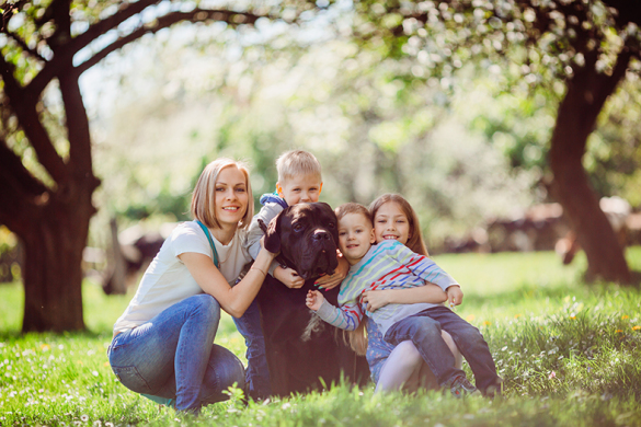 The mother,children and dog sitting on the grass